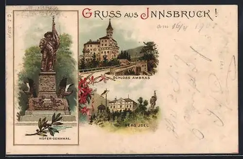 Lithographie Innsbruck, Schloss Ambras, Berg Isel, Hofer-Denkmal