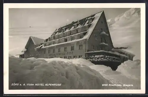 AK Zürs, Hotel Alpenrose Post im Winter