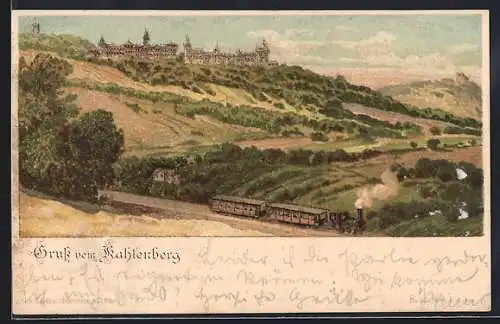 Lithographie Kahlenberg, Ortsansicht mit Bahn