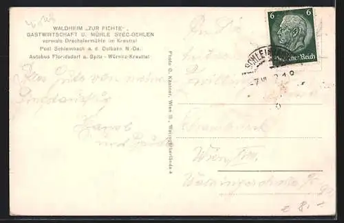 AK Schleinbach a. d. Ostbahn, Waldheim zur Fichte, Gastwirtschaft u. Mühle Svec-Gehlen