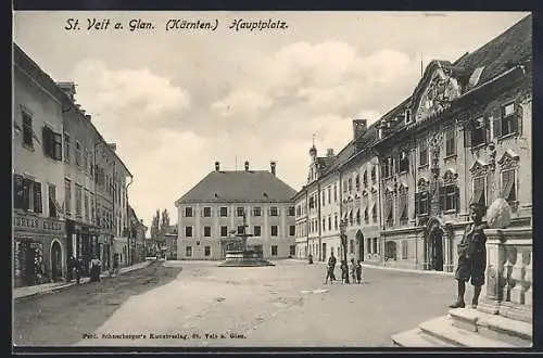 AK St. Veit a. Glan, Hauptplatz mit Geschäften und Brunnen