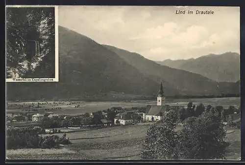 AK Lind im Drautal, Ortspartie mit Kirche, Wasserfall im Kapellengraben