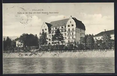 AK Villach, Partie an der Drau mit Hotel Mosser`s Dependance