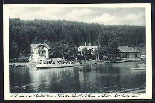 AK Seeboden am Millstättersee, Gasthof Steiner vom Wasser aus gesehen, Elektr. Motorboot Aribo