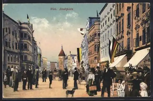 AK Wels, Stadtplatz mit Buchdruckerei
