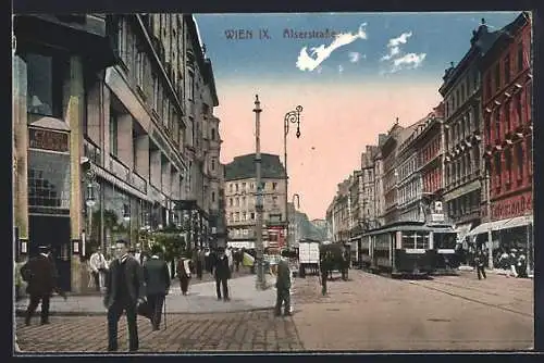 AK Wien, Alserstrasse mit Strassebahnen und Passanten, Strassenbahn