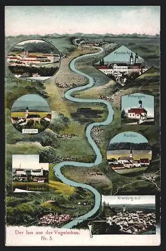 AK Aschau, Inn aus der Vogelschau, Kloster Au, Mittgars, Fraham, Jettenbach