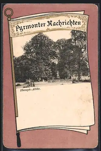 AK Pyrmont, Haupt-Allee mit Brunnen im Zeitungs-Passepartout
