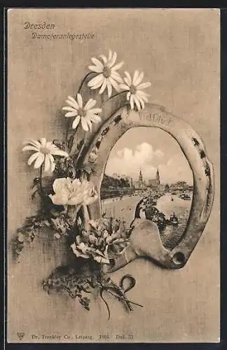 AK Dresden, Dampferanlegestelle im Passepartout mit Kamillenblüten