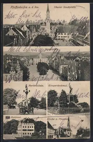 AK Pfaffenhofen a. d. Ilm, Oberer Stadtplatz, Mariensäule, Kriegerdenkmal, Rentamt, Kirche und Pfarrhof