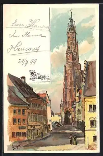 AK Landshut / Isar, Strassenpartie mit Kirche