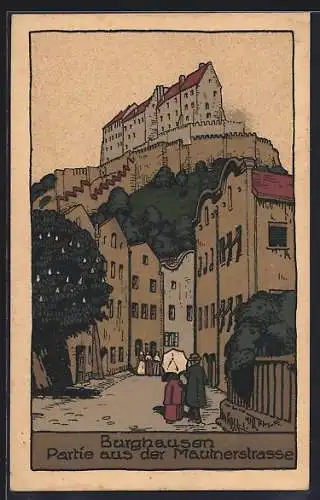 Steindruck-AK Burghausen / Salzach, Partie aus der Mautnerstrasse