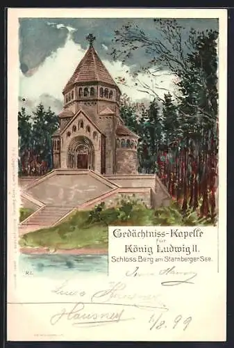 Lithographie Starnberg, Gedächtniss-Kapelle f. König Ludwig II., Schloss Berg am Starnberger See