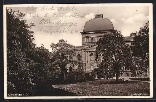 AK Oldenburg i. O., Landestheater mit Grünanlage