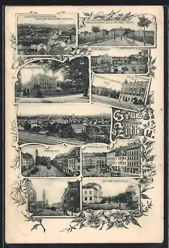 AK Zittau, Restaurant zur Burg, Neue Kaserne des 3. Inf.-Regt. No. 102, Marktplatz