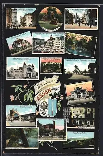 AK Essen /Ruhr, Hauptbahnhof, Städtischer Saalbau, Stadttheater