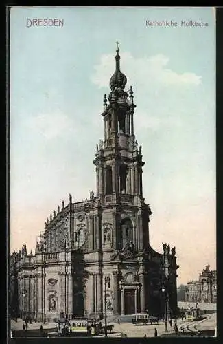 AK Dresden, Katholische Hofkirche mit Strassenbahn