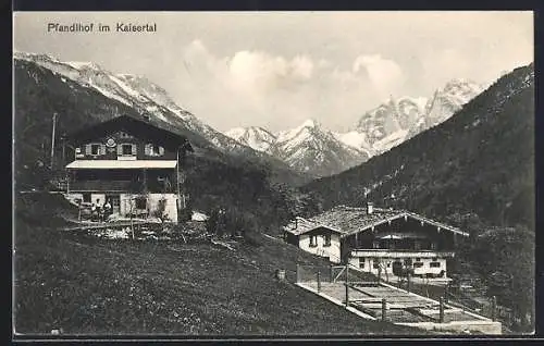 AK Ebbs, Pfandlhof im Kaisertal mit Plattform, Nachbargebäude u. Gebirgspanorama