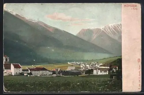 AK Münster i. Tirol, Ortsansicht mit Feldern u. Gebirgspanorama