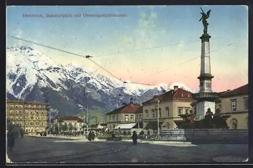 AK Innsbruck, Bahnhofsplatz mit Vereinigungsbrunnen