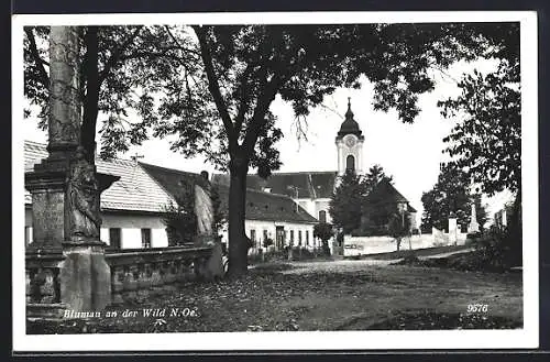 AK Blumau an der Wild, Strassenpartie mit Denkmal und Kirche, Engelsstatue