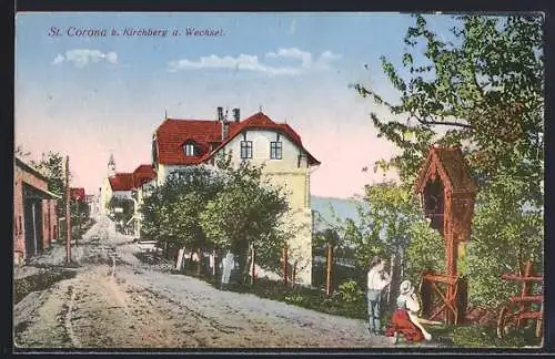 AK St. Corona b. Kirchberg a. Wechsel, Strassenpartie mit Bildstock u. Betenden