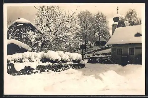 AK St. Aegyd a. M., Ortspartie im Winter mit Kirchturm