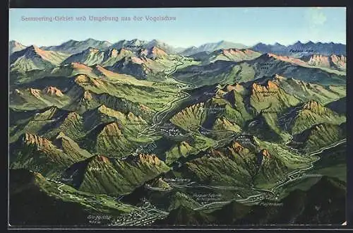 Künstler-AK Semmering, Semmerung-Gebiet und Umgebung aus der Vogelschau