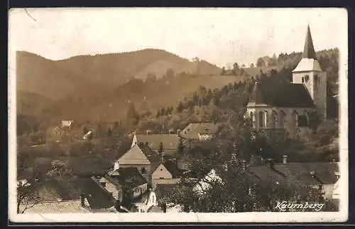 AK Kaumberg, Teilansicht mit Kirche aus der Vogelschau