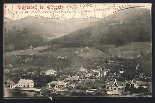 AK Weissenbach bei Gloggnitz, Teilansicht mit Bergpanorama aus der Vogelschau
