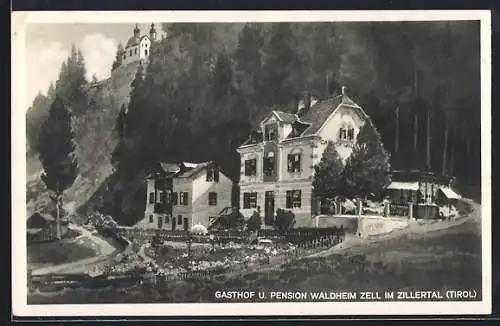 Künstler-AK Zell im Zillertal, Gasthof und Pension Waldheim