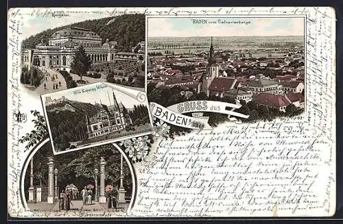Lithographie Baden, Ortsansicht vom Calvarienberg aus gesehen, Kursalon, Villa Erzherzog Wilhelm, Kurpromenade