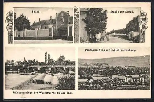 AK Ybbs, Schleusenanlage der Wüsterwerke an der Ybbs, Ortsansicht mit Schloss Persenbeug, Strasse mit Schloss