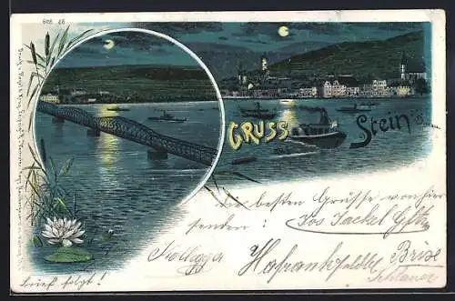 Lithographie Stein a. Donau, Dampfer passiert den Ort