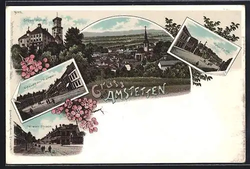 Lithographie Amstetten, Wiener Strasse, Hauptplatz, Schloss Walse, Totalansicht