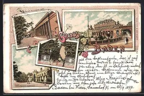 Lithographie Baden, Kurhaus, Städtisches Dampfbad, Frauen & Josef-Bad