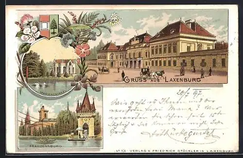 Lithographie Laxenburg, Bahnhof, Franzensburg, Marianeninsel
