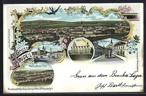 Lithographie Bruck a. d. Leitha, K. u. k. Militär-Lager, Kirchengasse, Kaiser Josef-Platz, Schloss Prugg