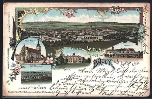 Lithographie Bruck a. d. Leitha, K. u. K. Militär-Lager, Bahnhof, Pfarrkirche