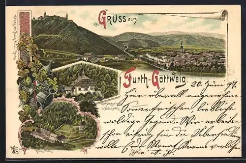 Lithographie Furth-Göttweig, Klein-Wien, Wolfseggerhaus in Steinach, Gesamtansicht mit Bergen