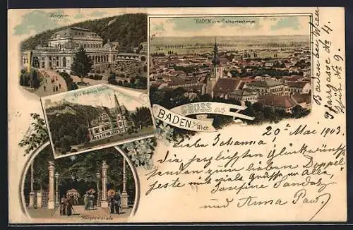 Lithographie Baden, Kursalon, Villa Erzherzog Wilhelm, Kurpromenade