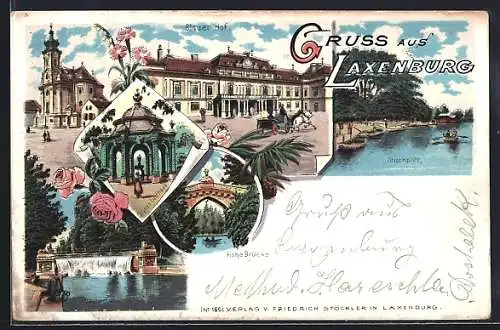 Lithographie Laxenburg, Hohe Brücke, Blauer Hof, Kirche, Grünes Lusthaus