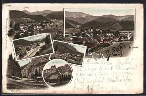 Lithographie St. Aegyd am Neuwald, Bahnhof, Eisenwerk, Thurmmauer und Markt