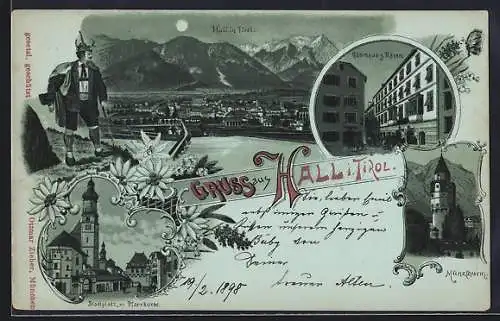 Mondschein-Lithographie Hall i. Tirol, Gasthaus zum Bären, Münzturm, Stadtplatz mit Pfarrkirche