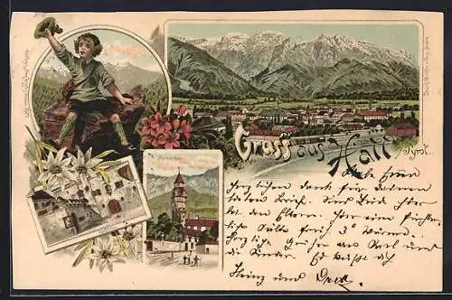 Lithographie Hall /Tyrol, Rathaus, Kirche und Totalansicht