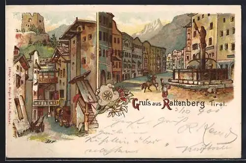 Lithographie Rattenberg, Ortspartie mit Wohnhäusern und Brunnen