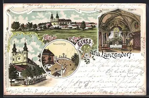 Lithographie Maria Lanzendorf, Ortsansicht, Kirche mit Prozession, Kalvarienberg