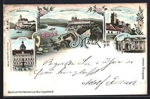 Lithographie Melk, Schloss Schönhübel, Prälatenhof, Ruine Weitenegg
