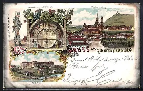 Lithographie Klosterneuburg, Kaserne, Ortsansicht, Fassrutschen im Stiftskeller