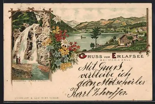 Lithographie Erlafsee, Holzhütte am Ufer, Wasserfall in der Grünau